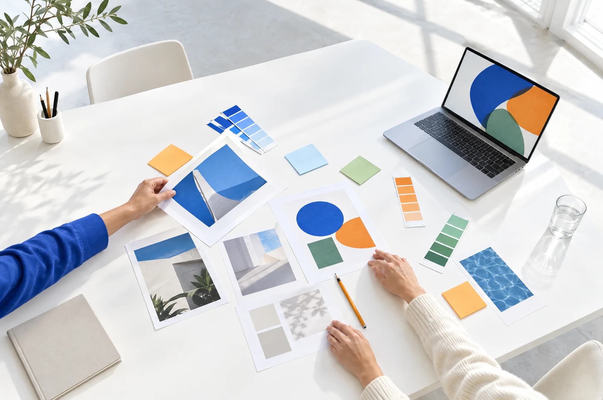Two people arranging printed layouts and colour swatches on a white table