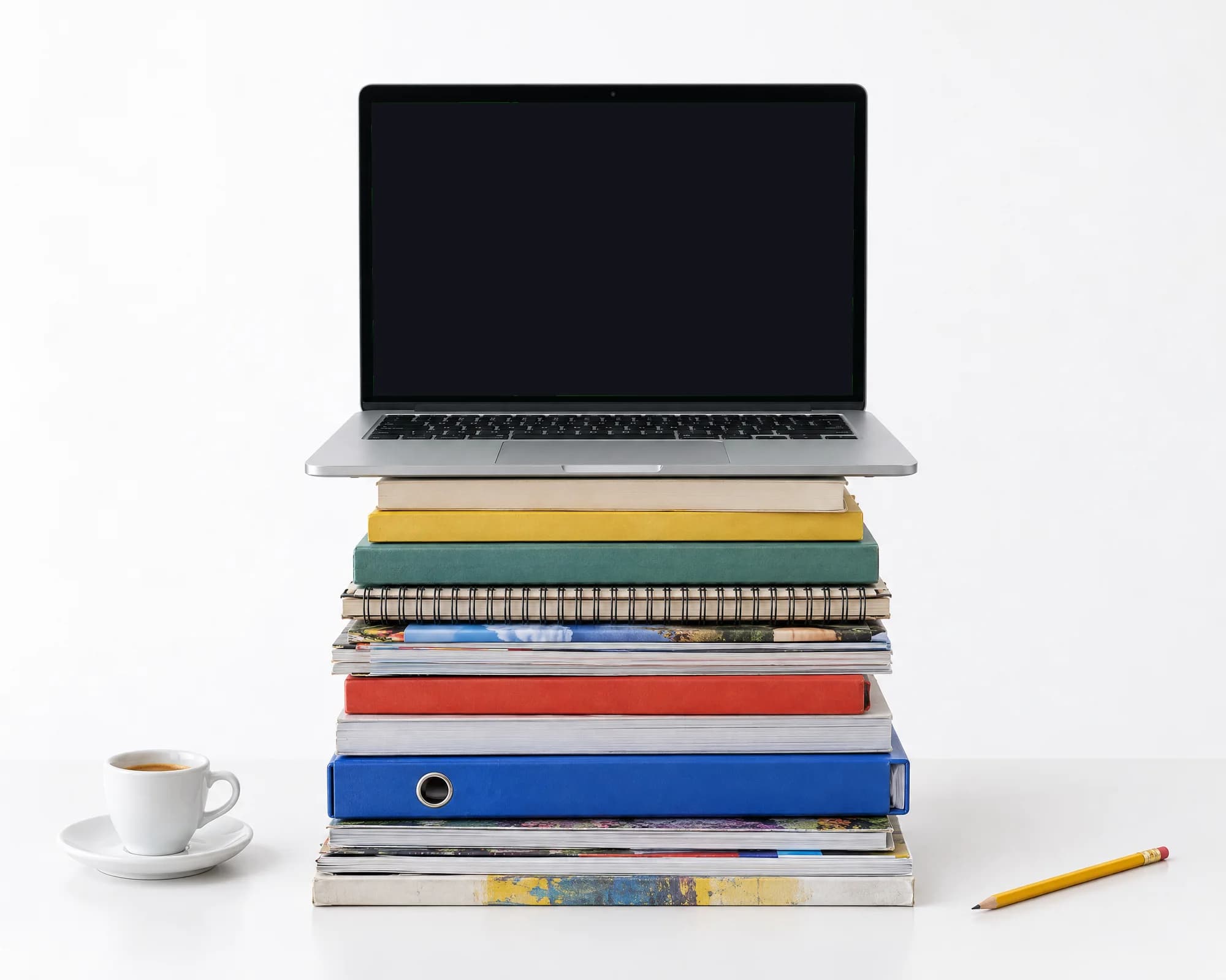 A laptop on a stack of books and notebooks beside an espresso cup