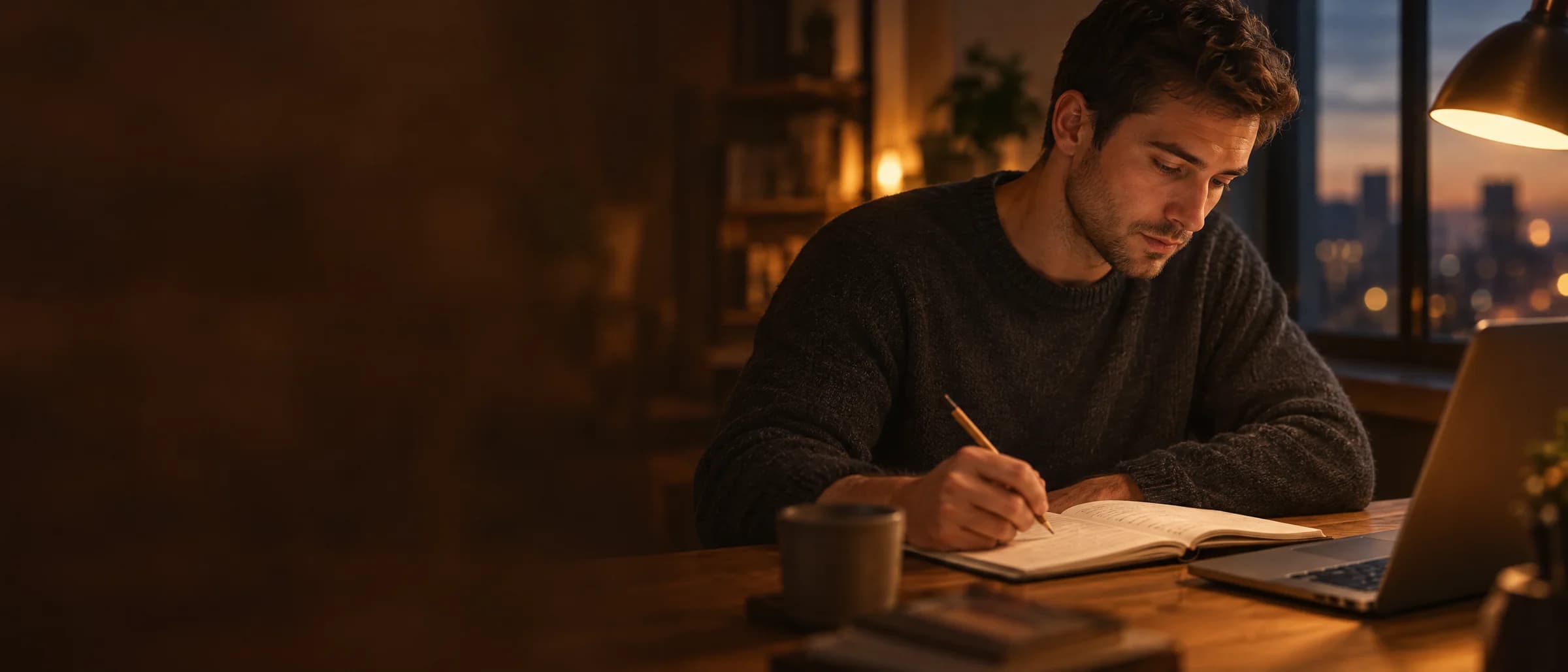 A man writing in a notebook at a desk in warm evening light