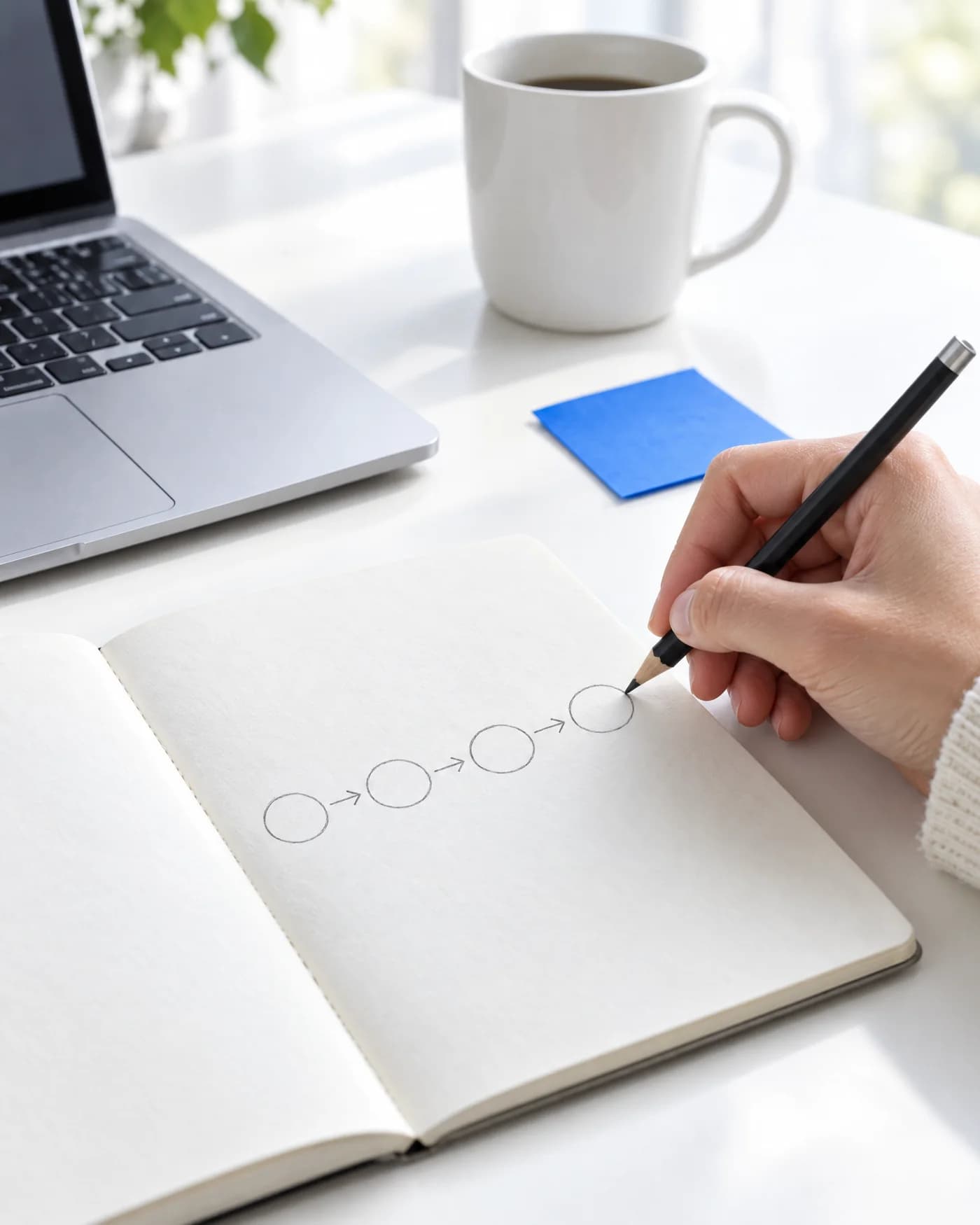 A hand drawing a four-step diagram in a notebook next to a laptop