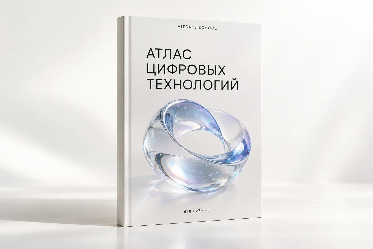 Visuel conceptuel de l’atlas VITON13 SCHOOL : livre blanc et forme en verre irisé